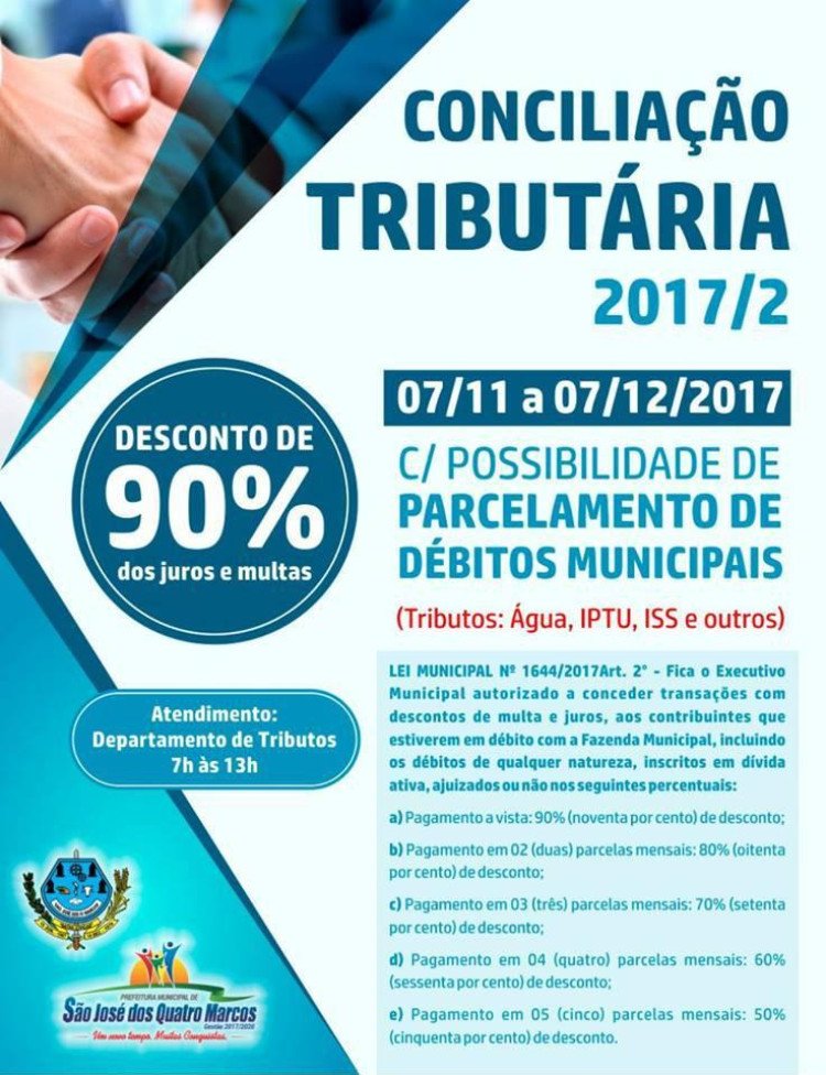 QUATRO MARCOS: Prefeitura concede descontos de 90% em multas e juros para contribuintes quitarem seus débitos