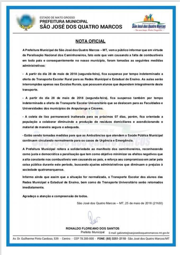 QUATRO MARCOS: Greve dos caminhoneiro faz suspender  transporte escolar rural e transporte escolar universitário