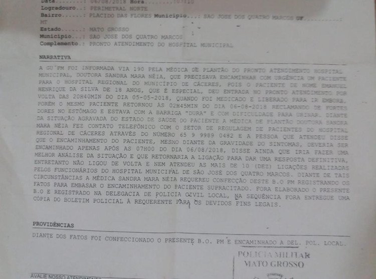 Portador de Necessidades Especiais morre no Regional; família faz Boletim de Ocorrência para ir para hospítal de Cáceres -  setor de regulação mais uma vez é um descaso