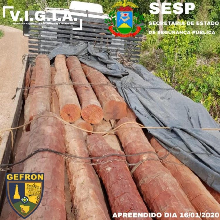 Policiais do Gefron apreendem 30 toras de aroeira e recuperam quatro veículos