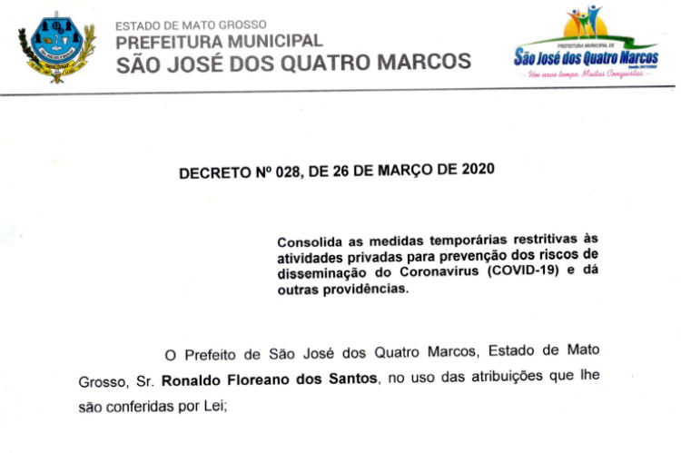 Prefeitura de Quatro Marcos decreta  abertura do comercio nesta sexta-feira (27)