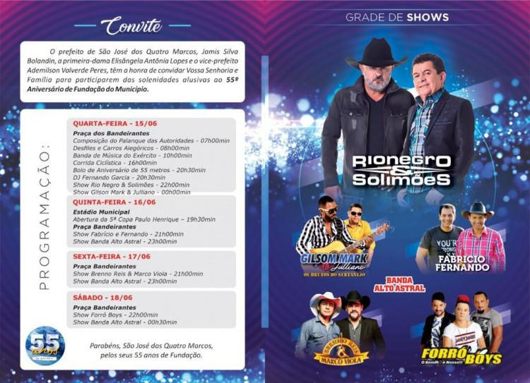 São José dos Quatro Marcos anuncia grade de shows em aniversário de 55 anos; Rio Negro e Solimões, Breno Reis e Marcos Viola, Forro Boys, Gilson Marks e Julliano, Fabricio e Fernando e Banda Alto