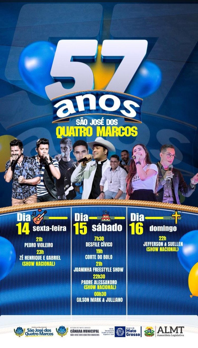 São José dos Quatro Marcos celebra 57 anos com shows, desfiles e bolo de aniversário de 57 metros