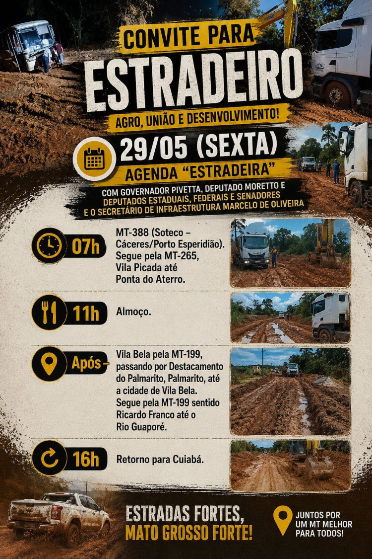 ROTA DO DESENVOLVIMENTO: Pivetta, Moretto e comitiva lideram “Estradeiro” para vistoriar e impulsionar rodovias na região oeste de MT