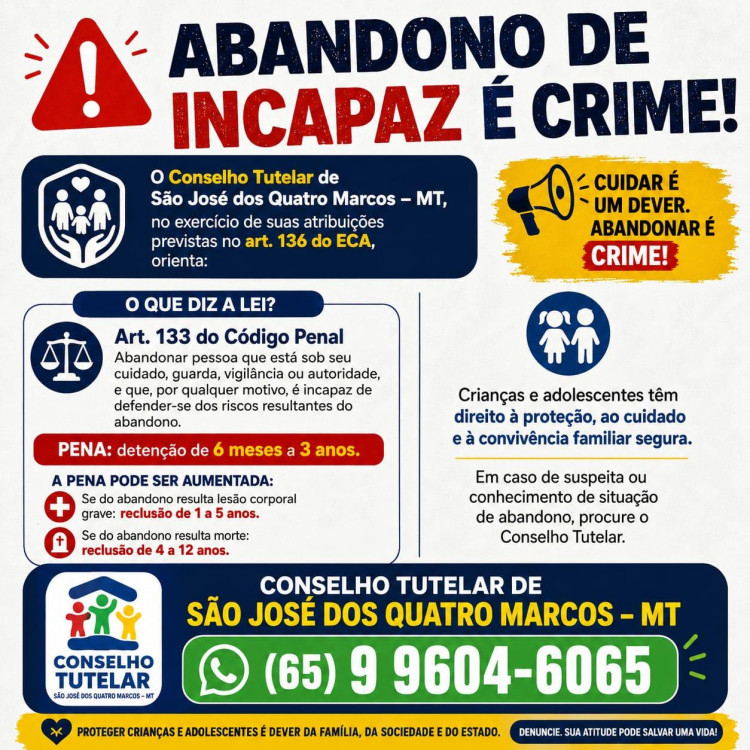 Conselho Tutelar alerta que abandono de incapaz é  crime e pode levar à prisão e pede apoio da população